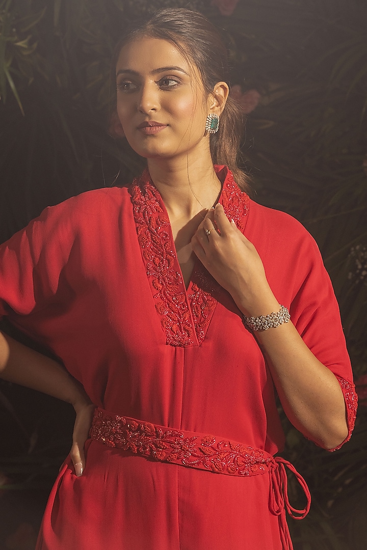 Red Blended Georgette Hand Embroidered Jumpsuit With Belt by Samatvam By Anjali Bhaskar at Pernia's Pop Up Shop