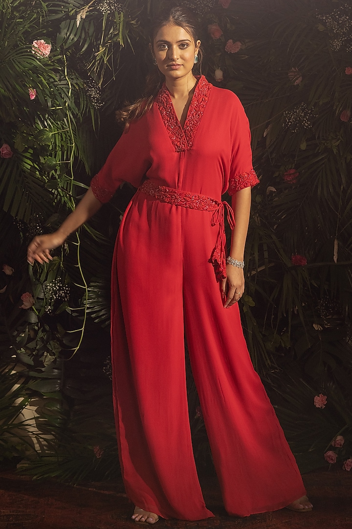 Red Blended Georgette Hand Embroidered Jumpsuit With Belt by Samatvam By Anjali Bhaskar at Pernia's Pop Up Shop