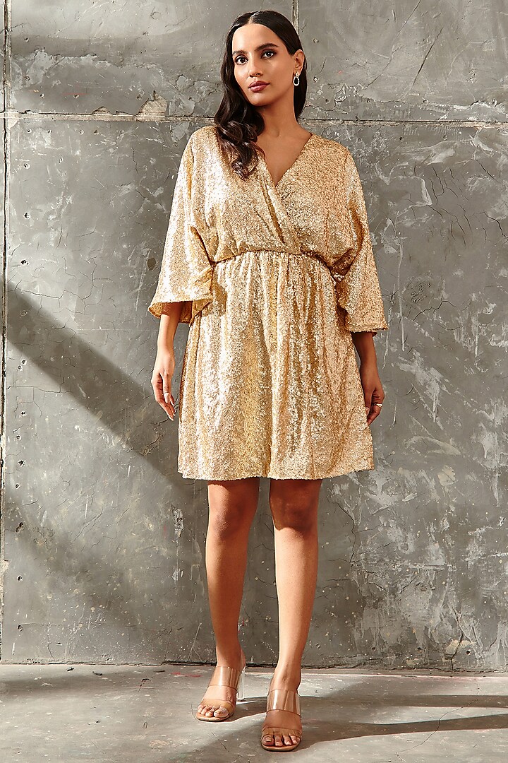Gold Sequins Wrap Dress by Samatvam By Anjali Bhaskar