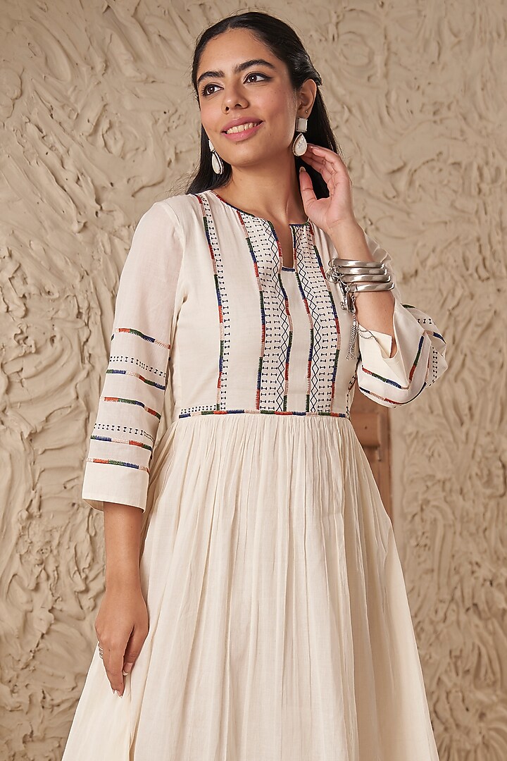 Cream Mulmul Embroidered Summer Dress by Samatvam By Anjali Bhaskar at Pernia's Pop Up Shop