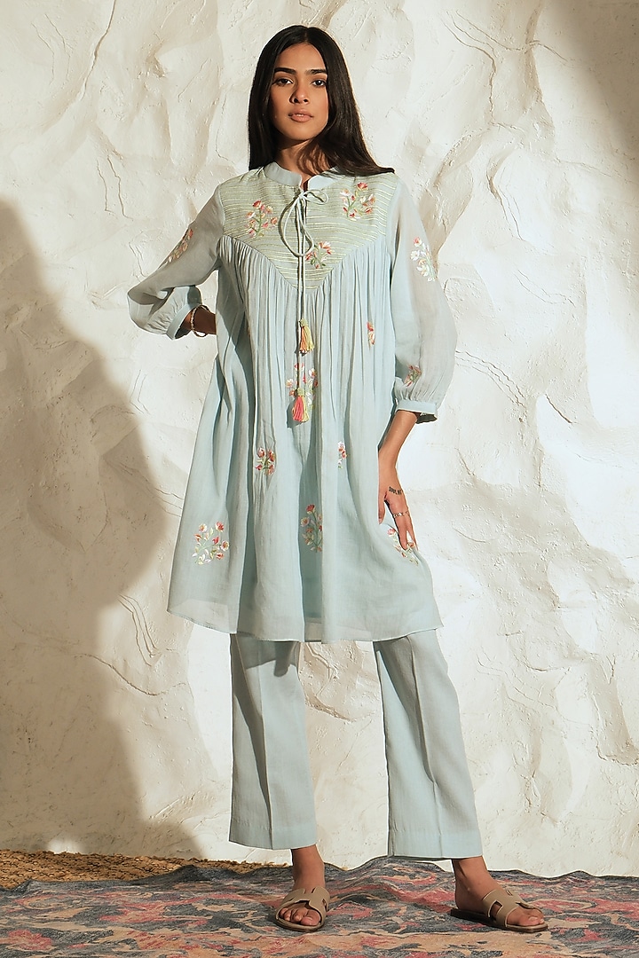 Pastel Blue Mul Mul Floral Embroidered Co-Ord Set by Samatvam By Anjali Bhaskar at Pernia's Pop Up Shop