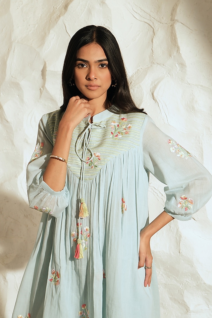 Pastel Blue Mul Mul Floral Embroidered Co-Ord Set by Samatvam By Anjali Bhaskar at Pernia's Pop Up Shop