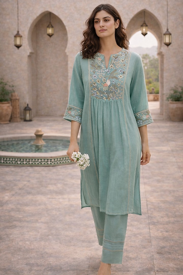 Light Blue Kota Thread Embroidered Kurta Set by Samatvam By Anjali Bhaskar at Pernia's Pop Up Shop