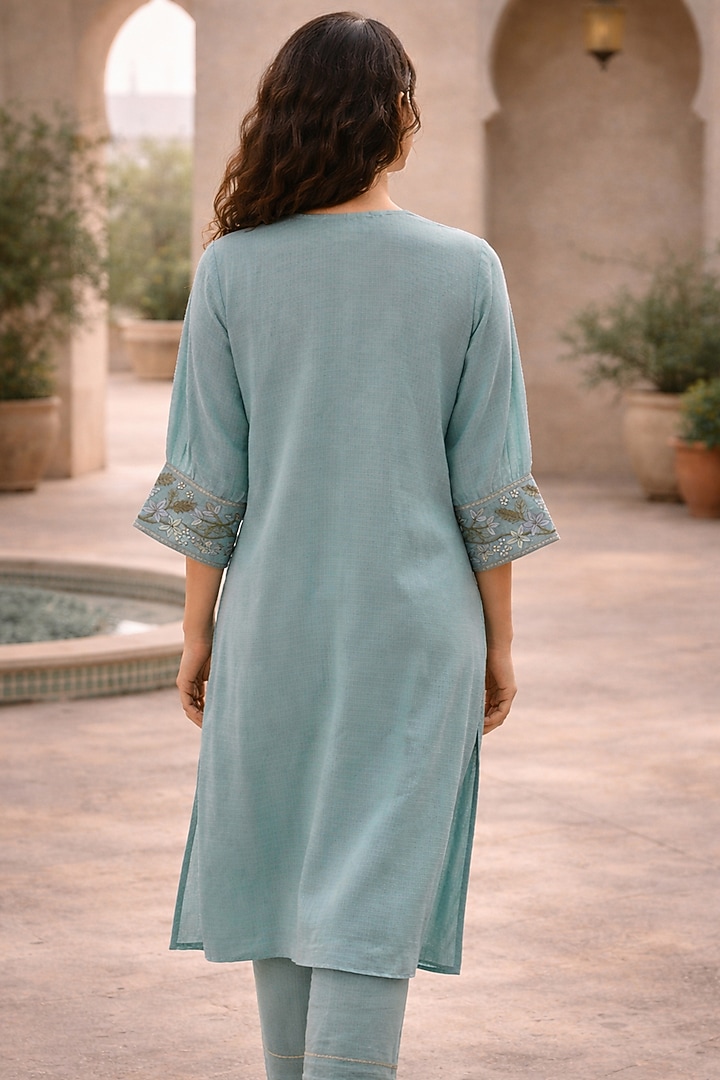 Light Blue Kota Thread Embroidered Kurta Set by Samatvam By Anjali Bhaskar at Pernia's Pop Up Shop