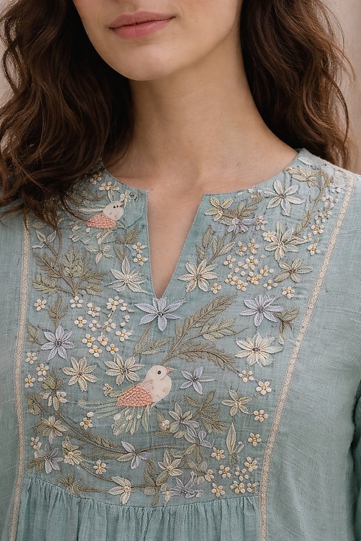 Light Blue Kota Thread Embroidered Kurta Set by Samatvam By Anjali Bhaskar at Pernia's Pop Up Shop