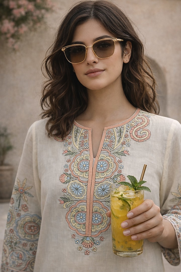 Ivory Mulmul Thread Embroidered Kurta Set by Samatvam By Anjali Bhaskar at Pernia's Pop Up Shop