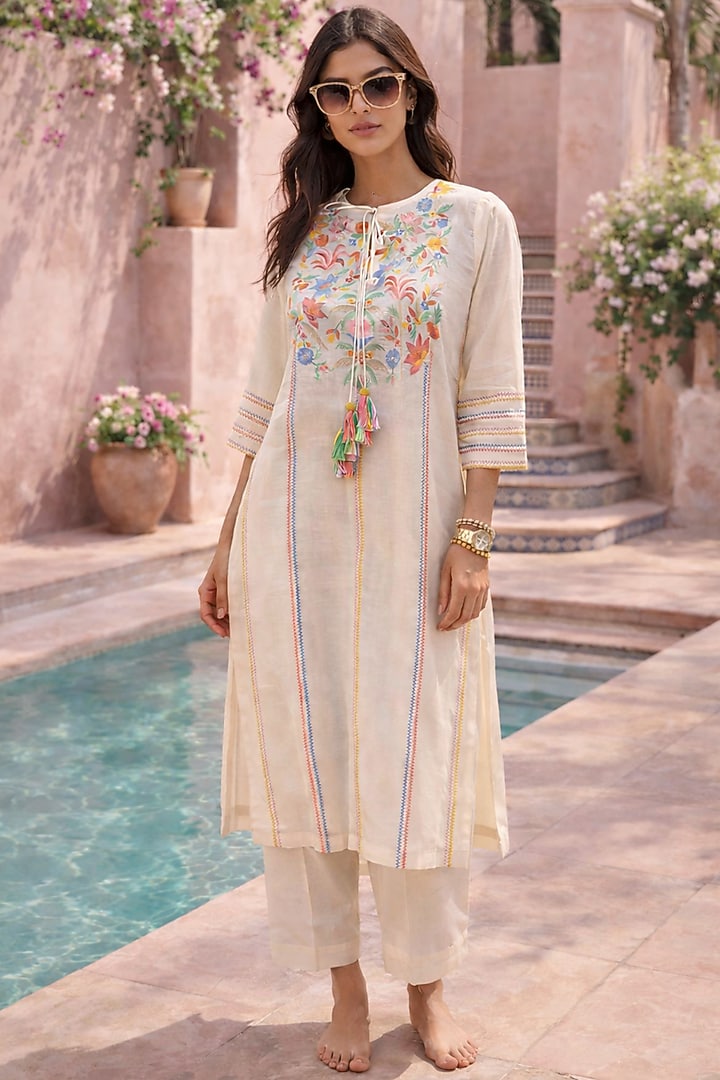 Ivory Mulmul Thread Embroidered Kurta Set by Samatvam By Anjali Bhaskar at Pernia's Pop Up Shop