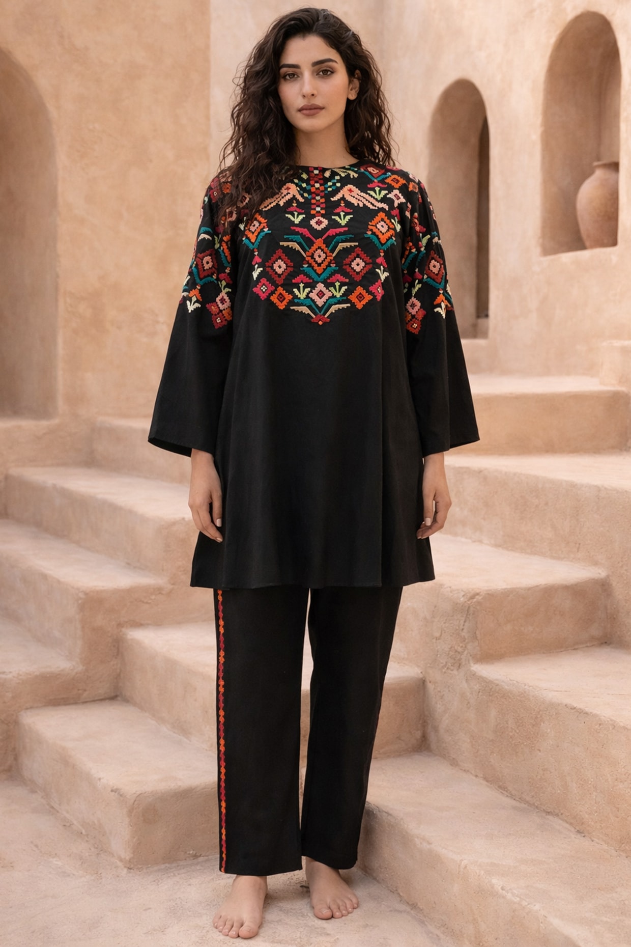 Samatvam By Anjali Bhaskar Black Cotton Poplin Thread Embroidered Kurta Set