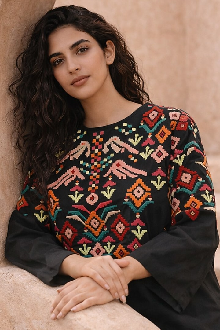 Black Cotton Poplin Thread Embroidered Kurta Set by Samatvam By Anjali Bhaskar at Pernia's Pop Up Shop