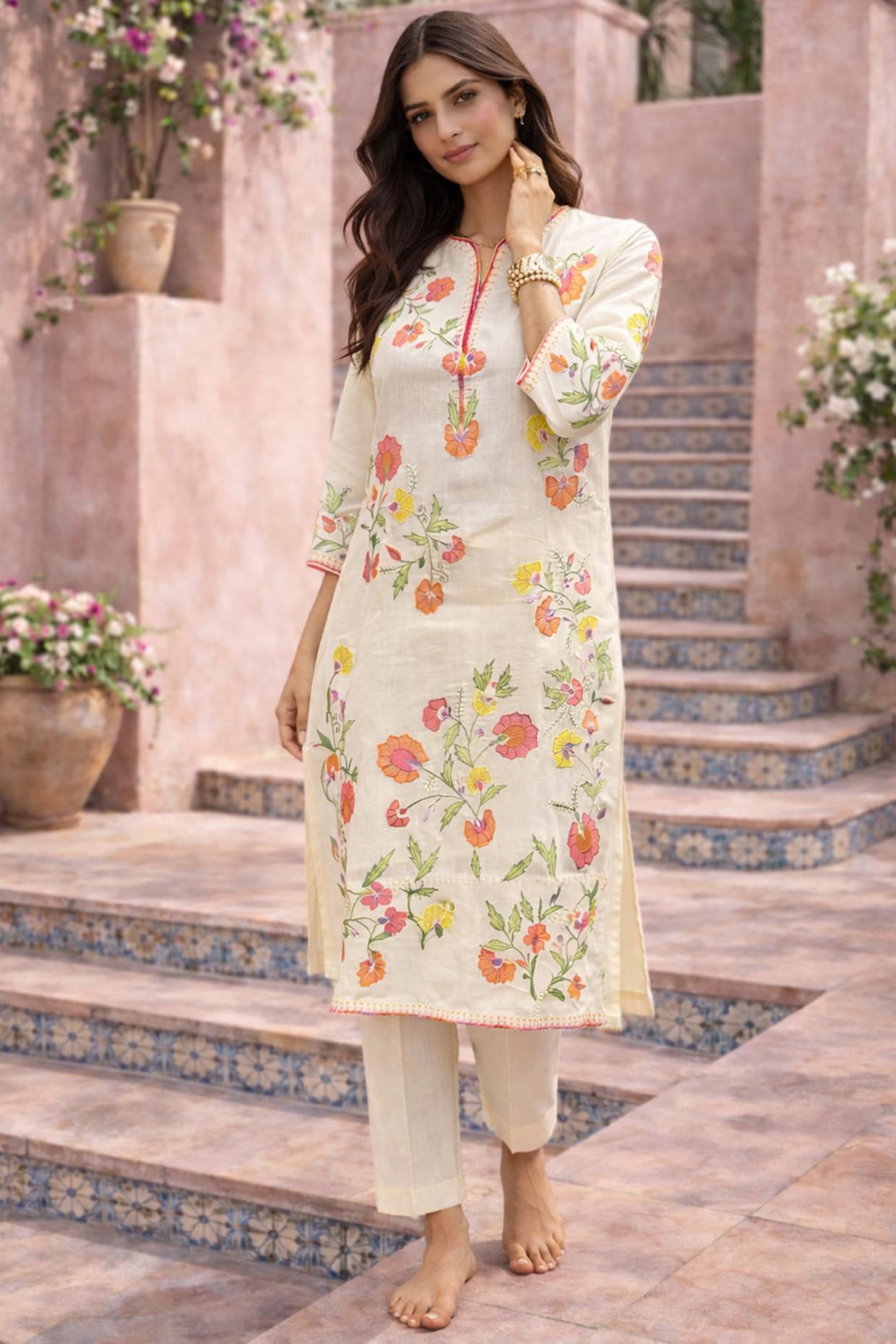 Samatvam By Anjali Bhaskar Ivory Mulmul Thread Embroidered Kurta Set