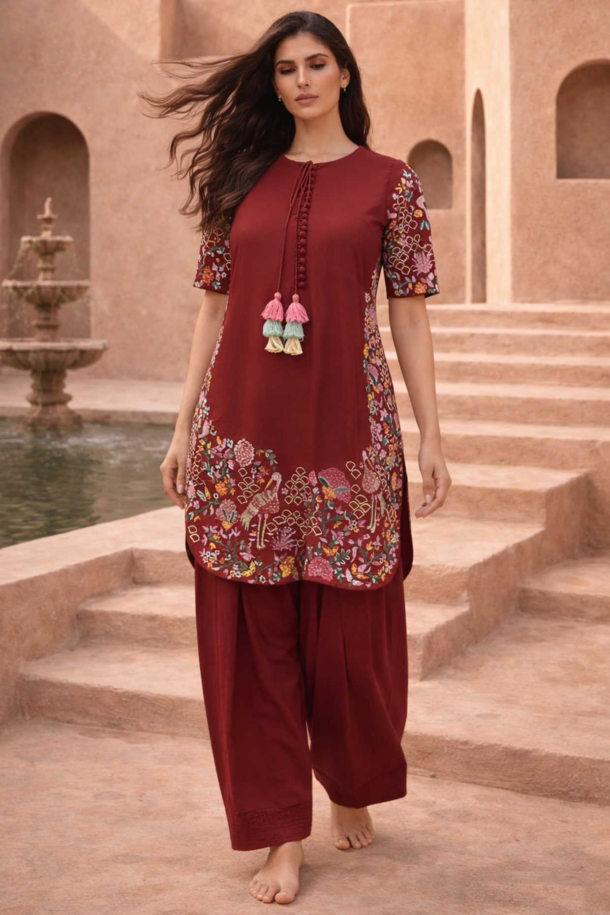 Samatvam By Anjali Bhaskar Maroon Chanderi Thread Embroidered Kurta Set
