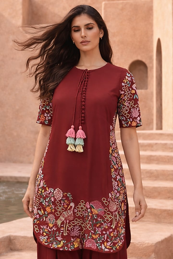 Maroon Chanderi Thread Embroidered Kurta Set by Samatvam By Anjali Bhaskar at Pernia's Pop Up Shop