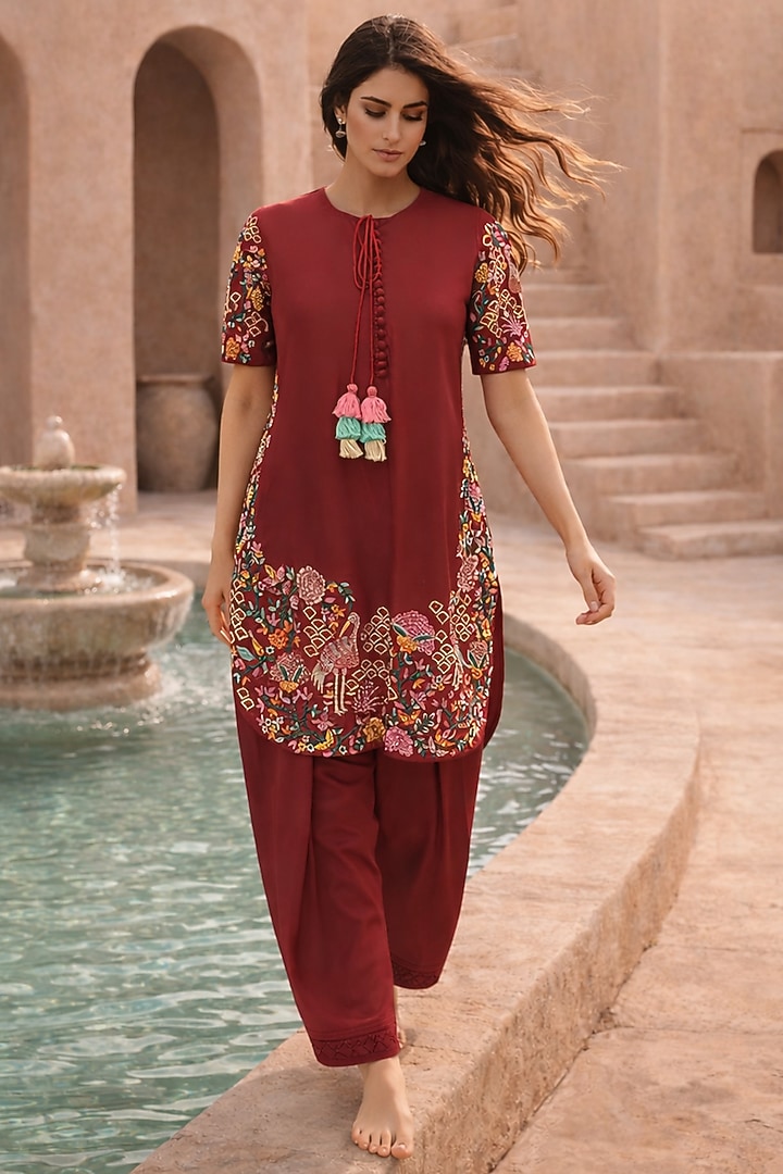 Maroon Chanderi Thread Embroidered Kurta Set by Samatvam By Anjali Bhaskar at Pernia's Pop Up Shop