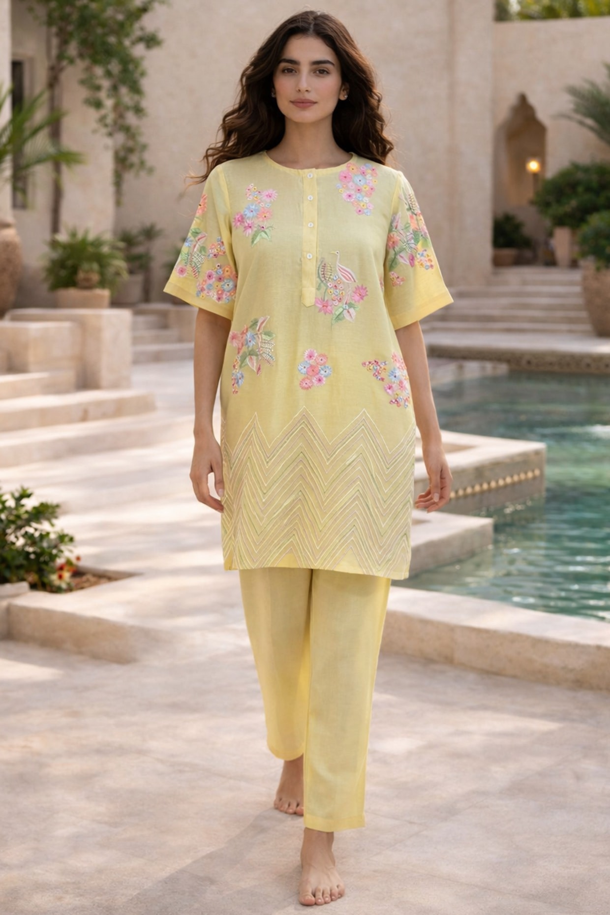 Samatvam By Anjali Bhaskar Lemon Yellow Chanderi Thread Embroidered Kurta Set