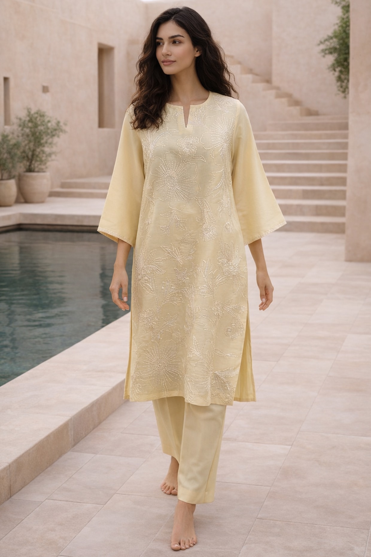 Samatvam By Anjali Bhaskar Lemon Yellow Chanderi Thread Embroidered Kurta Set