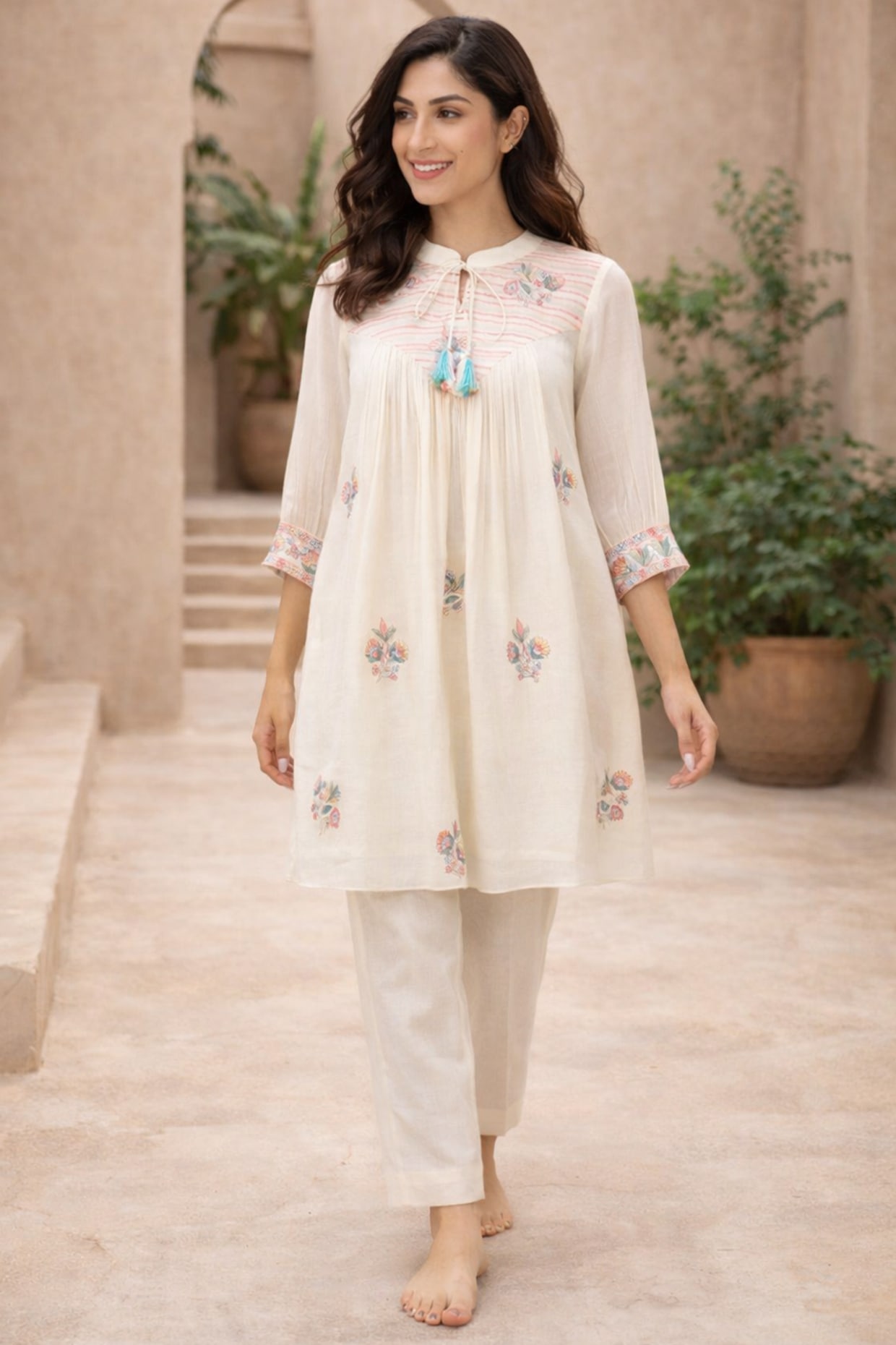 Samatvam By Anjali Bhaskar Ivory Mulmul Thread Embroidered Kurta Set