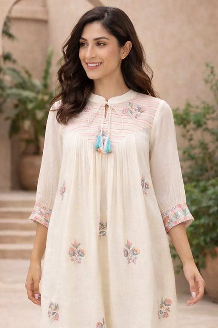 Ivory Mulmul Thread Embroidered Kurta Set by Samatvam By Anjali Bhaskar at Pernia's Pop Up Shop