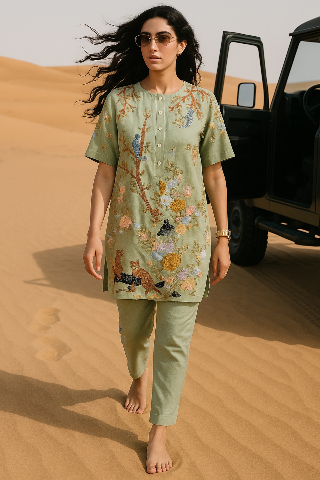 Samatvam By Anjali Bhaskar Pistachio Green Chanderi Thread Embroidered Kurta Set