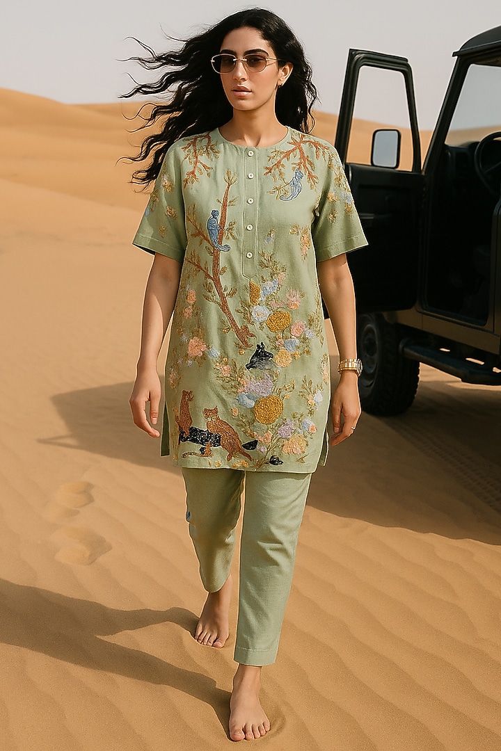 Pistachio Green Chanderi Thread Embroidered Kurta Set by Samatvam By Anjali Bhaskar at Pernia's Pop Up Shop