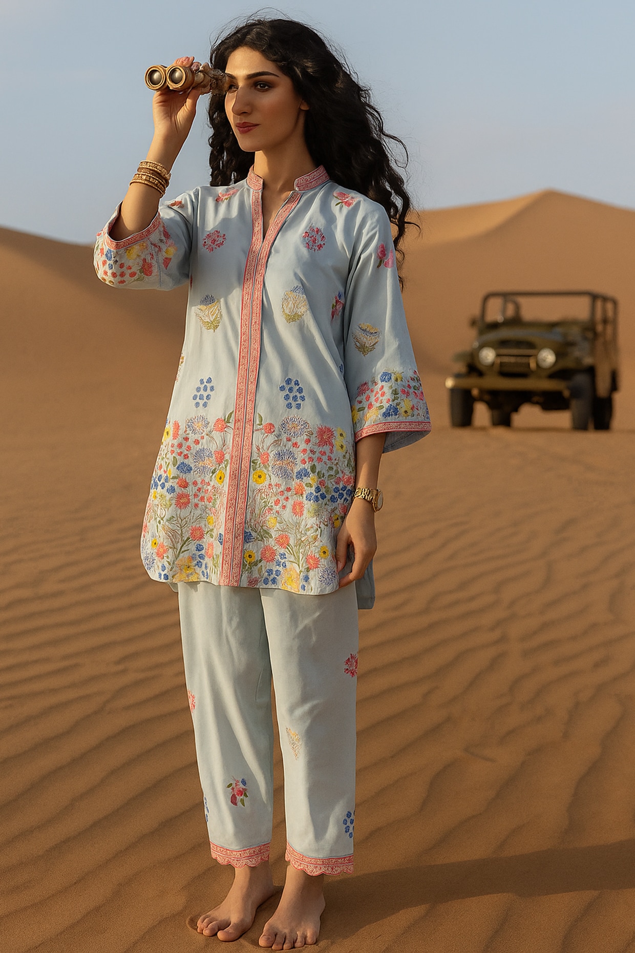 Samatvam By Anjali Bhaskar Powder Blue Cotton Silk Floral Embroidered Kurta Set