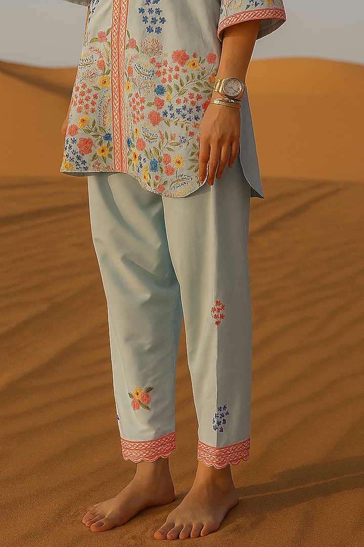 Powder Blue Cotton Silk Floral Embroidered Kurta Set by Samatvam By Anjali Bhaskar at Pernia's Pop Up Shop