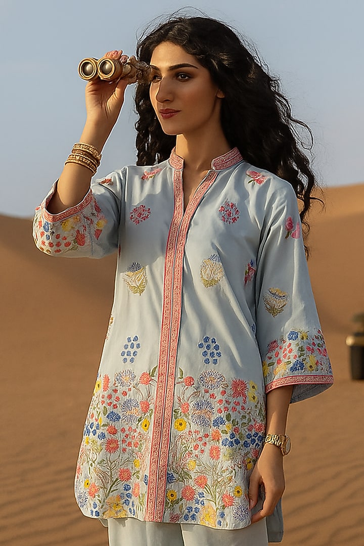 Powder Blue Cotton Silk Floral Embroidered Kurta Set by Samatvam By Anjali Bhaskar at Pernia's Pop Up Shop