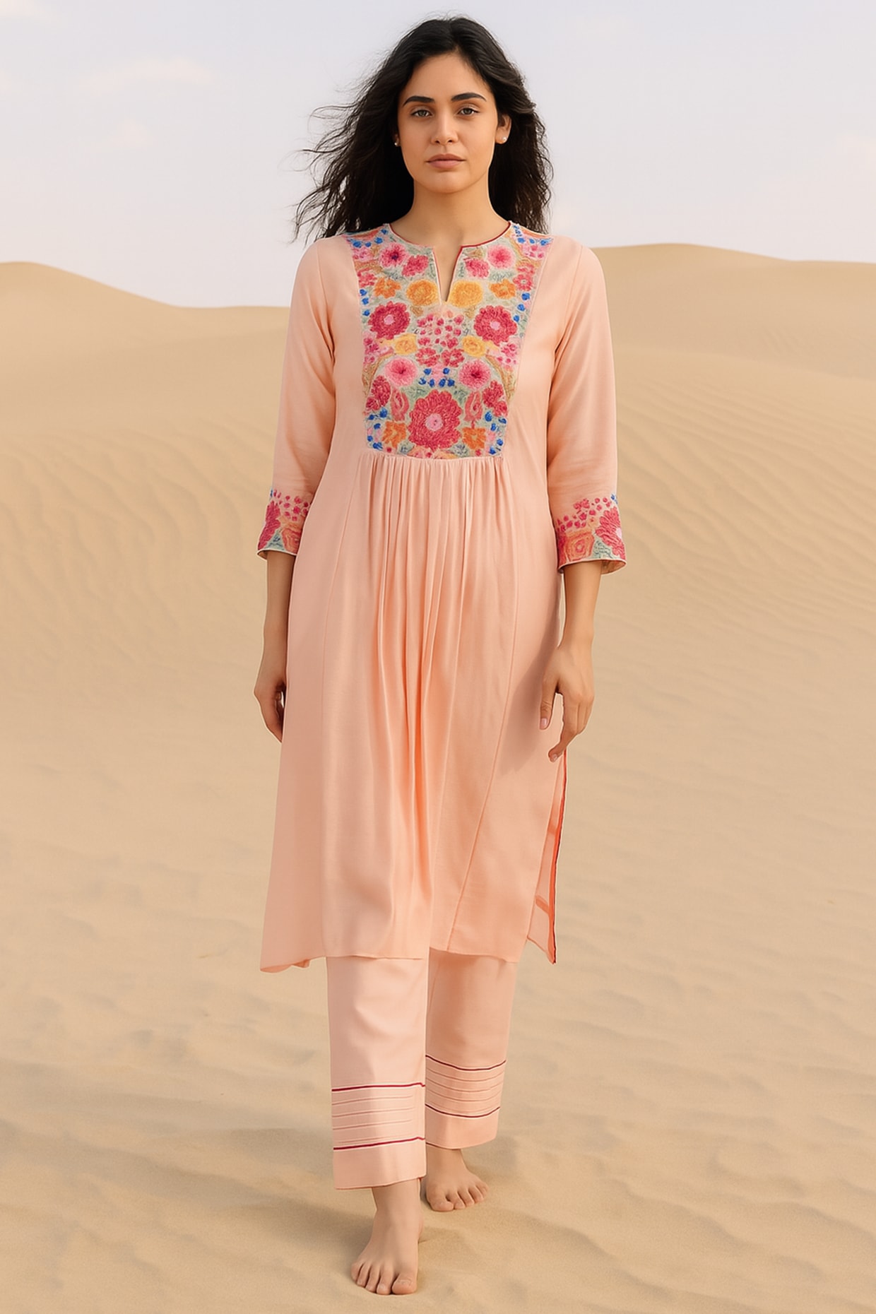 Samatvam By Anjali Bhaskar Peach Chanderi Floral Embroidered Kurta Set