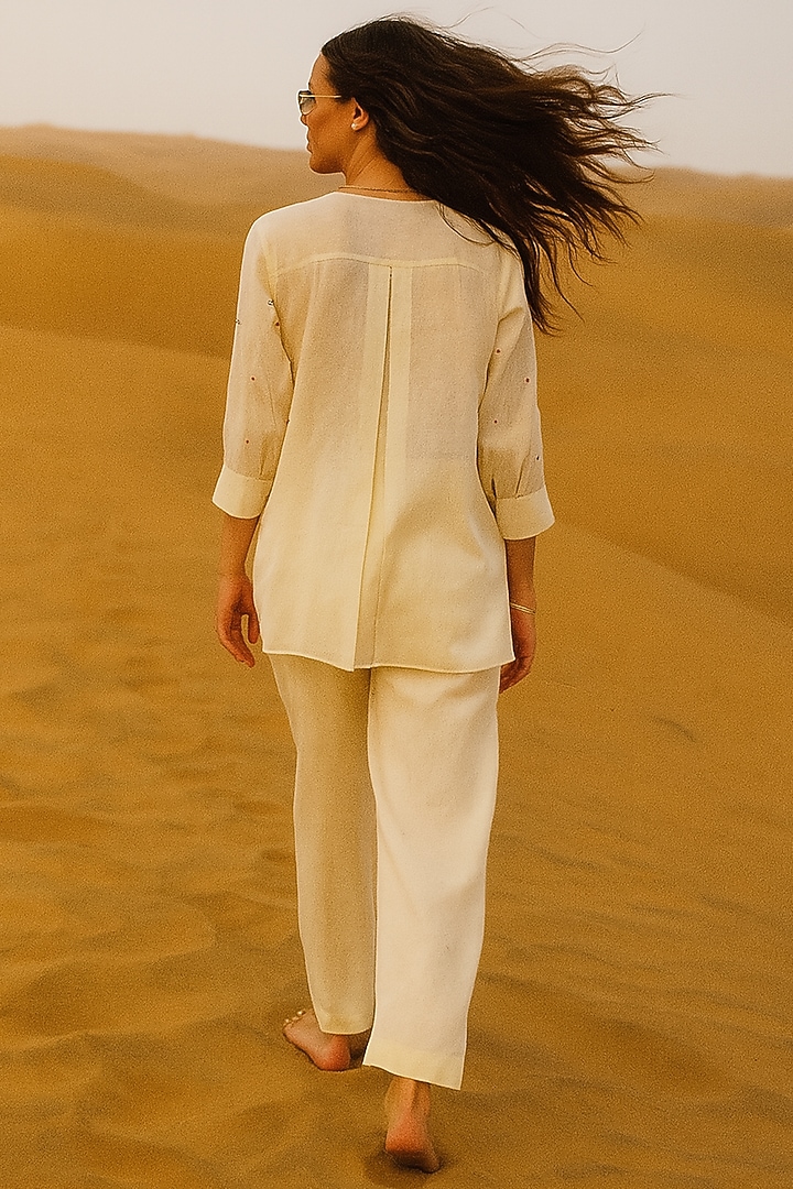 Ivory Mulmul Floral Embroidered Co-Ord Set by Samatvam By Anjali Bhaskar at Pernia's Pop Up Shop