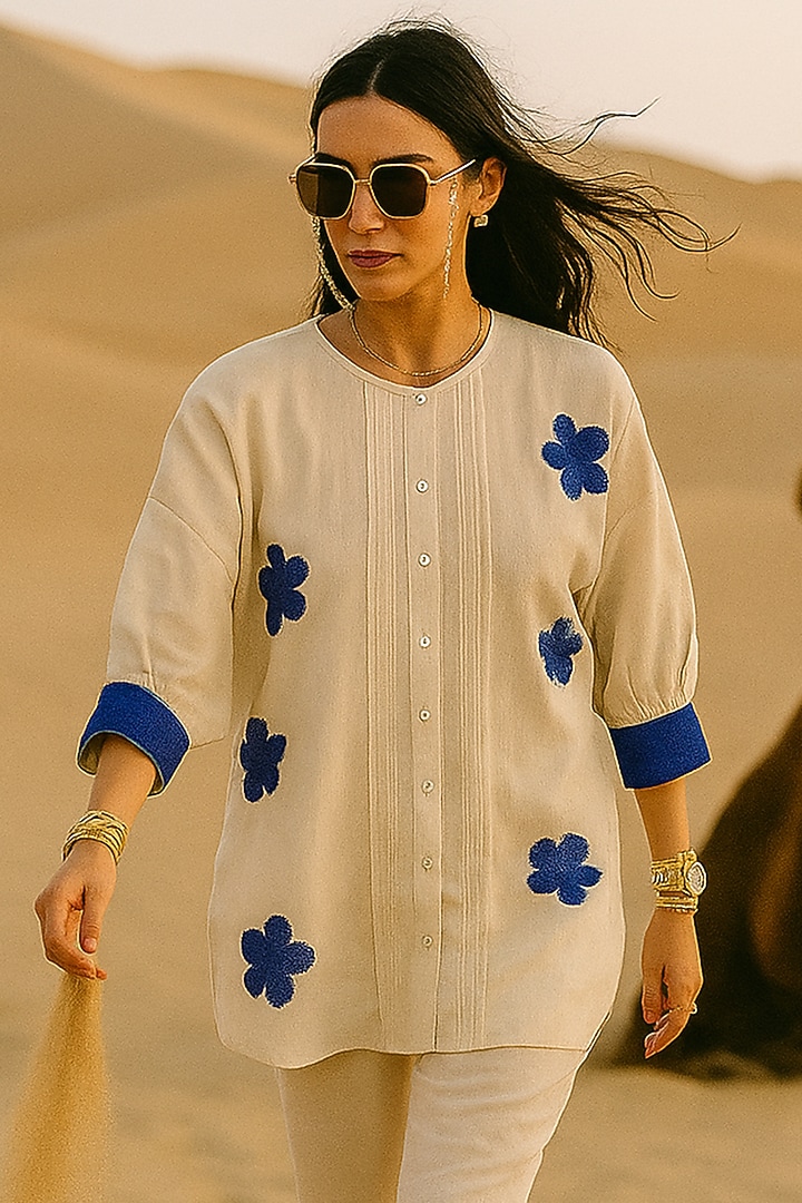 Ivory Mulmul Floral Applique Embroidered Co-Ord Set by Samatvam By Anjali Bhaskar at Pernia's Pop Up Shop