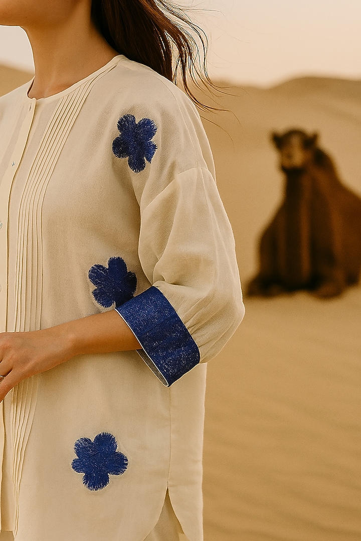 Ivory Mulmul Floral Applique Embroidered Co-Ord Set by Samatvam By Anjali Bhaskar at Pernia's Pop Up Shop