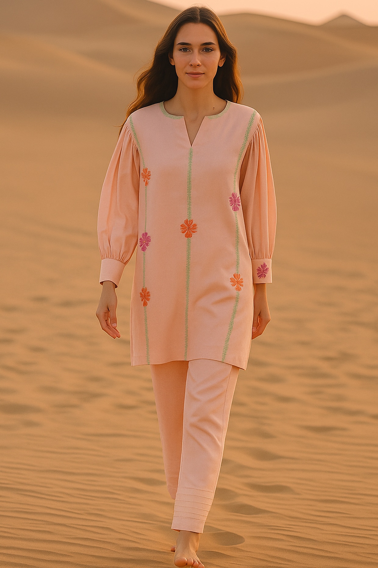 Samatvam By Anjali Bhaskar Blush Pink Chanderi Floral Embroidered Kurta Set