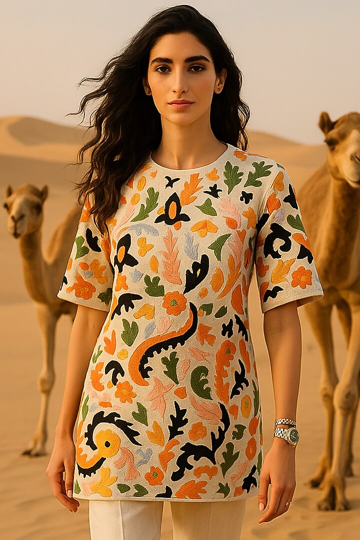 Ivory Mulmul Floral Embroidered Co-Ord Set by Samatvam By Anjali Bhaskar at Pernia's Pop Up Shop