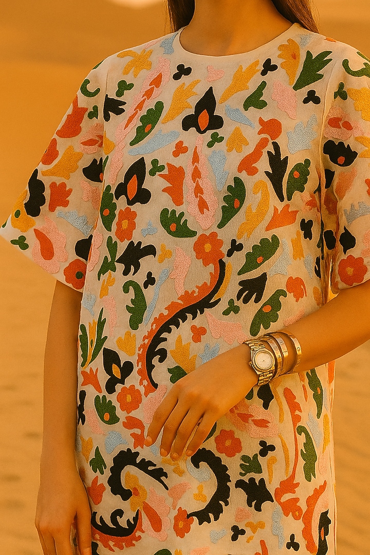 Ivory Mulmul Floral Embroidered Co-Ord Set by Samatvam By Anjali Bhaskar at Pernia's Pop Up Shop