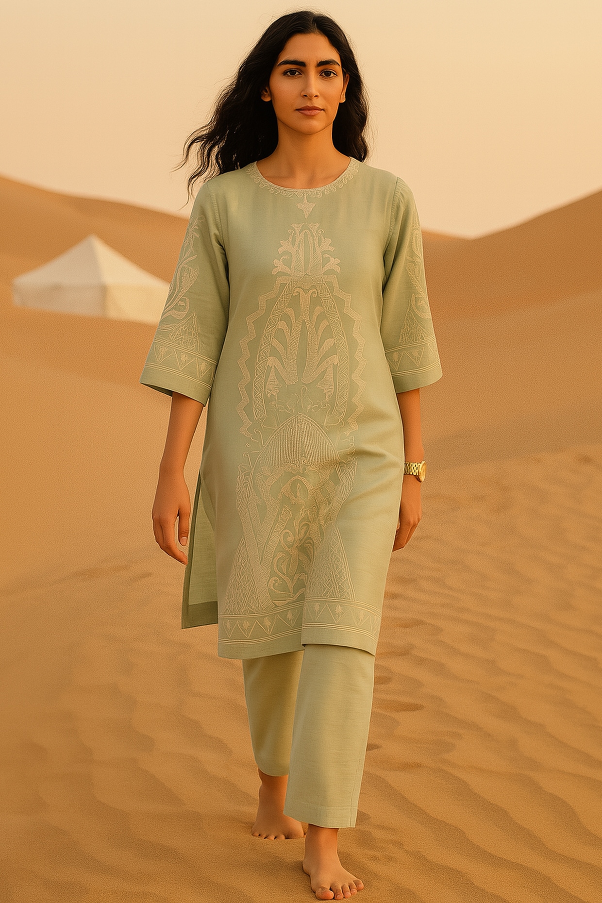 Samatvam By Anjali Bhaskar Sage Green Chanderi Motif Embroidered Kurta Set