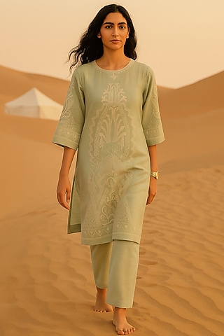 Sage Green Chanderi Motif Embroidered Kurta Set by Samatvam By Anjali Bhaskar