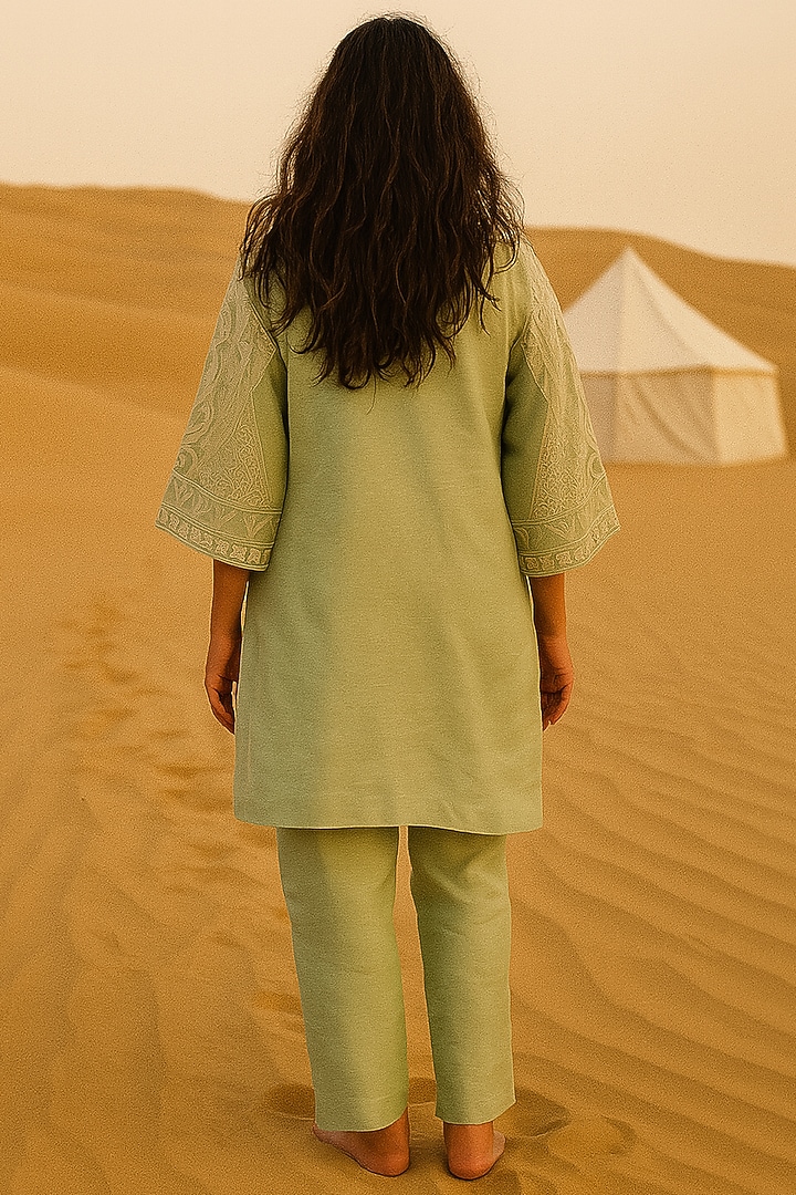 Sage Green Chanderi Motif Embroidered Kurta Set by Samatvam By Anjali Bhaskar at Pernia's Pop Up Shop