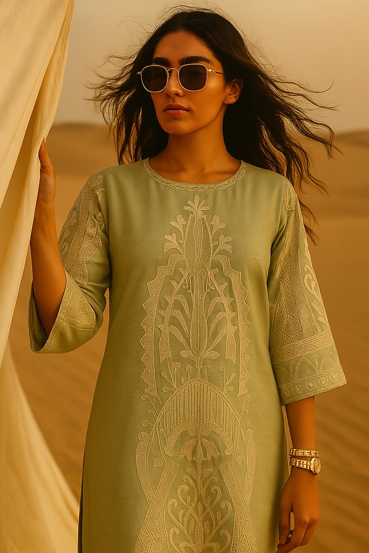 Sage Green Chanderi Motif Embroidered Kurta Set by Samatvam By Anjali Bhaskar at Pernia's Pop Up Shop