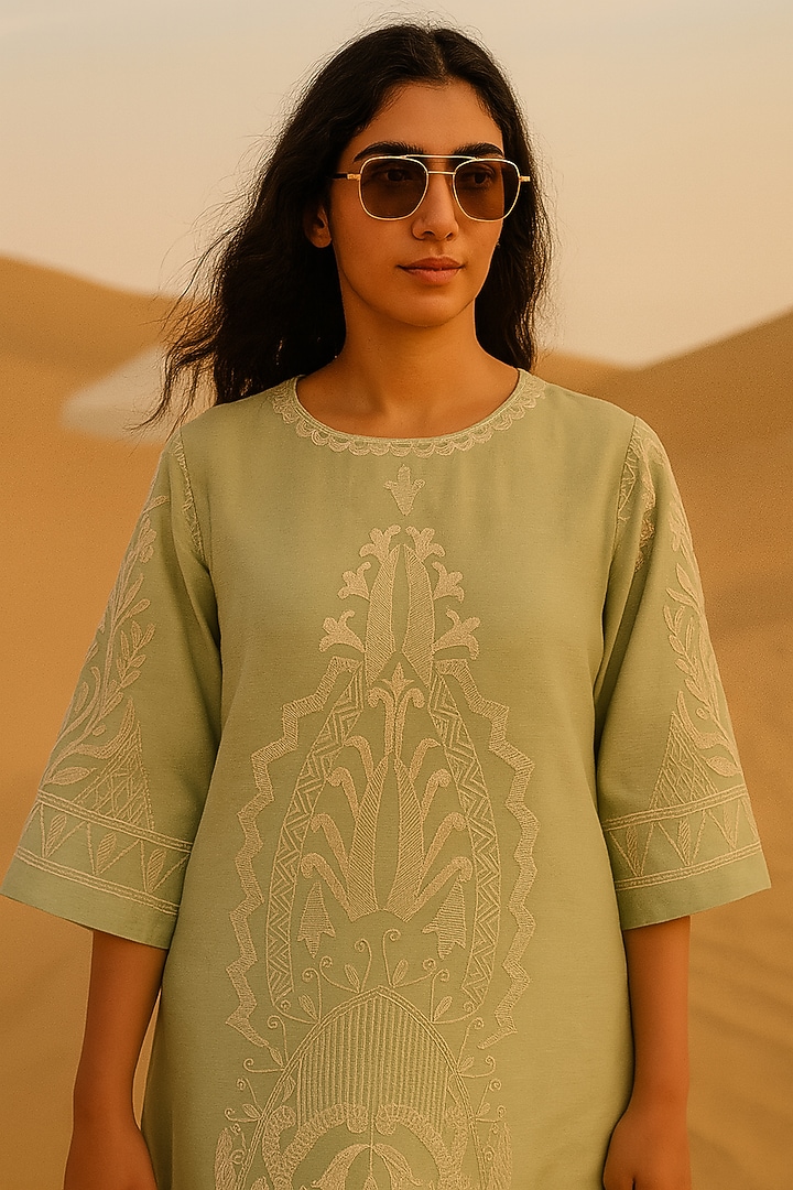 Sage Green Chanderi Motif Embroidered Kurta Set by Samatvam By Anjali Bhaskar at Pernia's Pop Up Shop