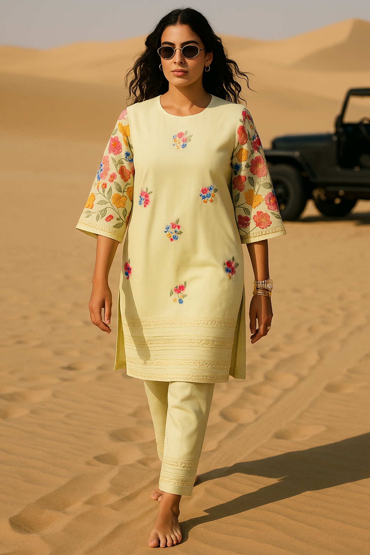 Samatvam By Anjali Bhaskar Lemon Yellow Chanderi Floral Embroidered Straight Kurta Set