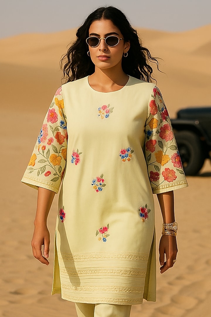 Lemon Yellow Chanderi Floral Embroidered Straight Kurta Set by Samatvam By Anjali Bhaskar at Pernia's Pop Up Shop