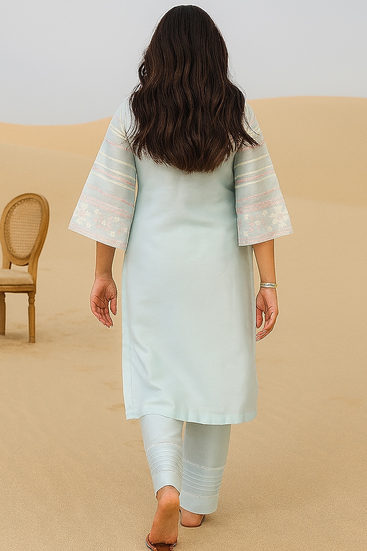 Powder Blue Chanderi Motif Embroidered Straight Kurta Set by Samatvam By Anjali Bhaskar at Pernia's Pop Up Shop