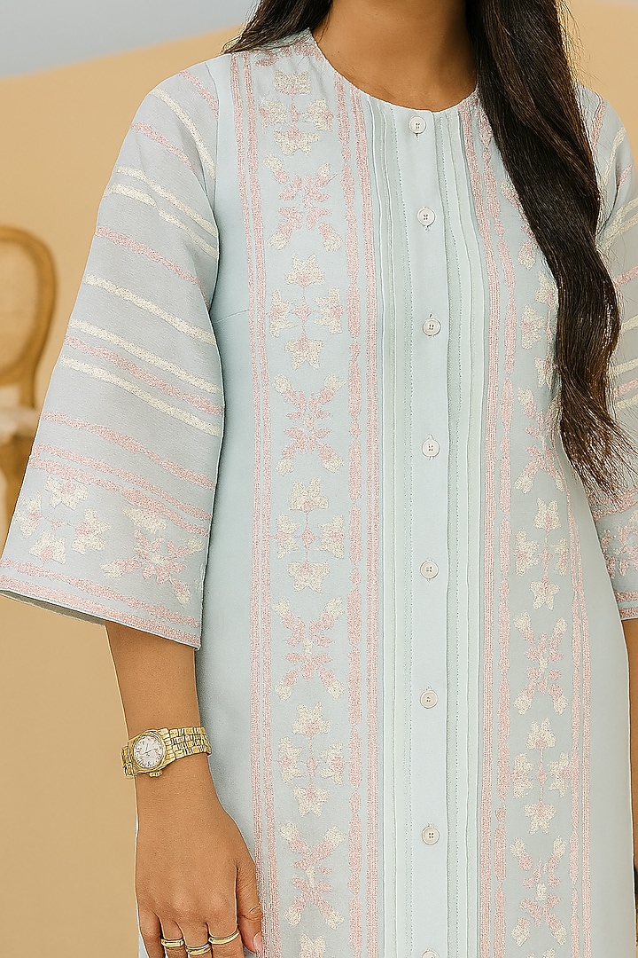 Powder Blue Chanderi Motif Embroidered Straight Kurta Set by Samatvam By Anjali Bhaskar at Pernia's Pop Up Shop