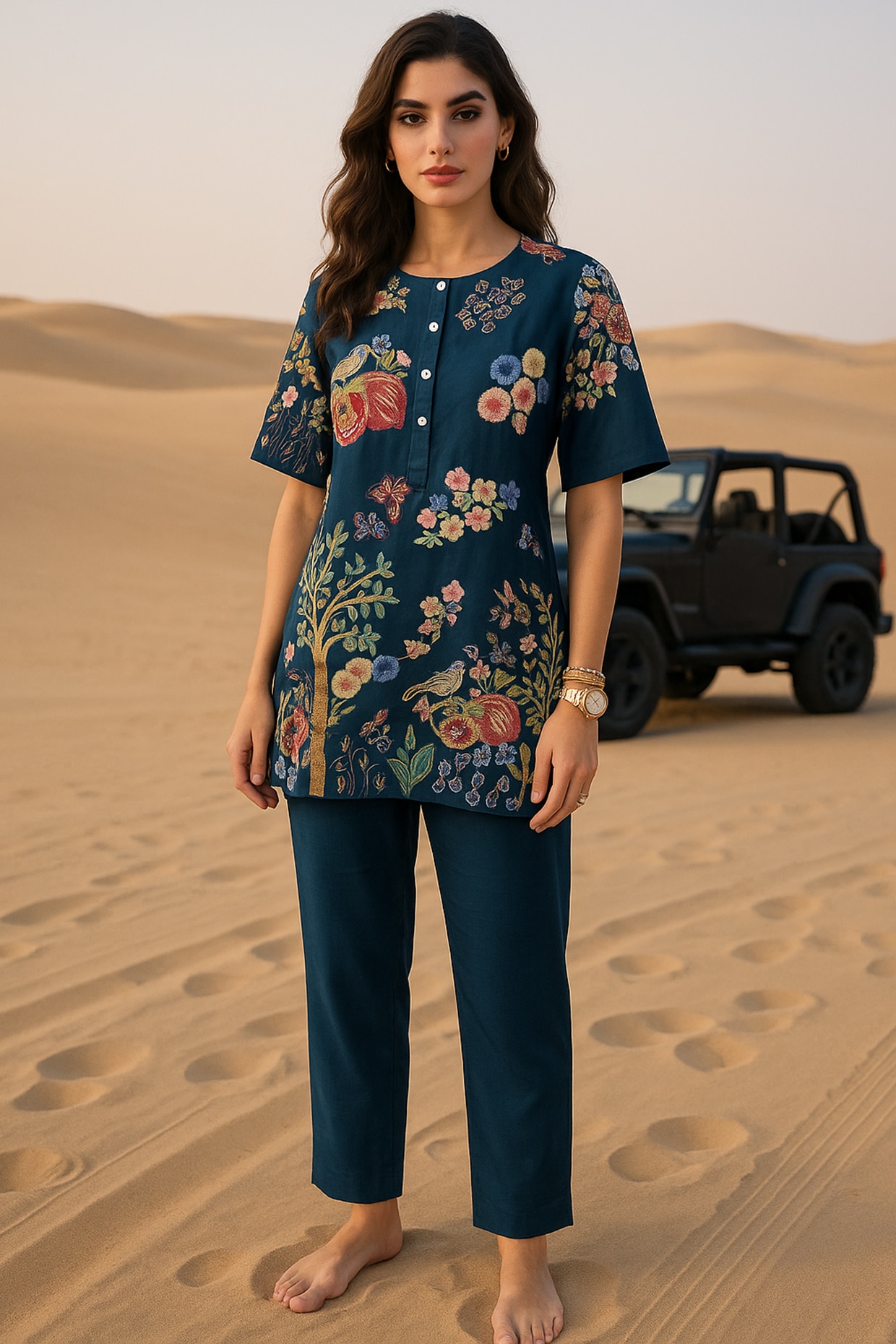 Samatvam By Anjali Bhaskar Midnight Blue Chanderi Floral Embroidered Kurta Set