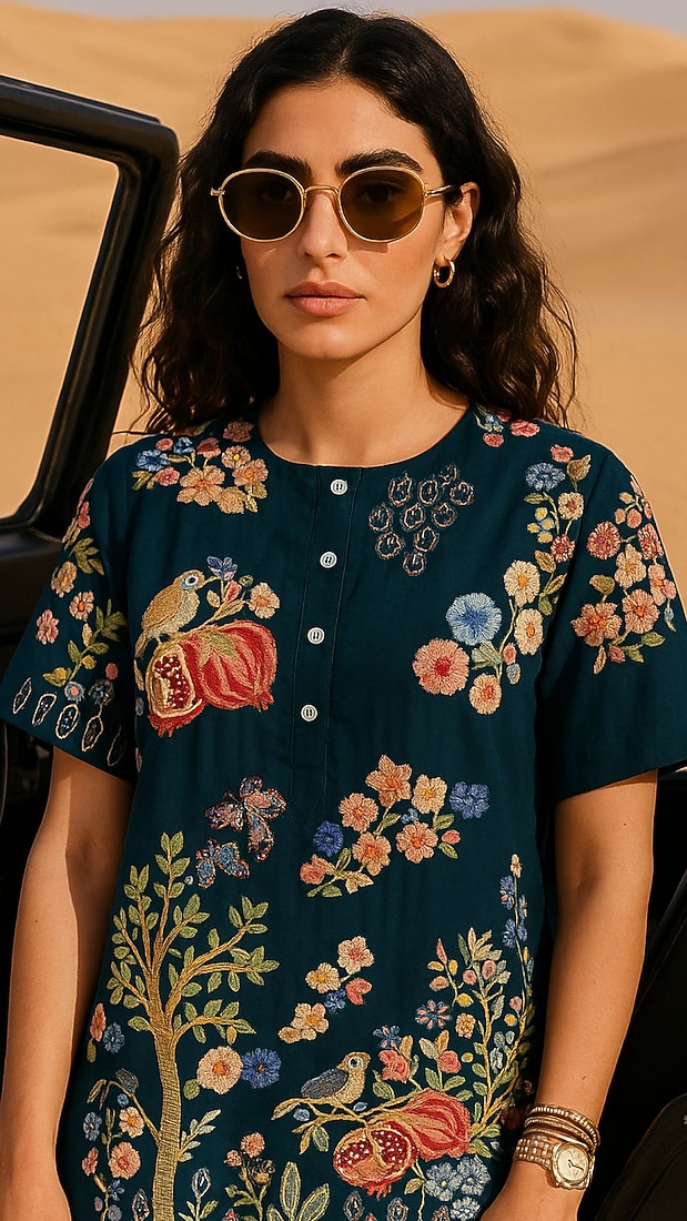 Midnight Blue Chanderi Floral Embroidered Kurta Set by Samatvam By Anjali Bhaskar at Pernia's Pop Up Shop