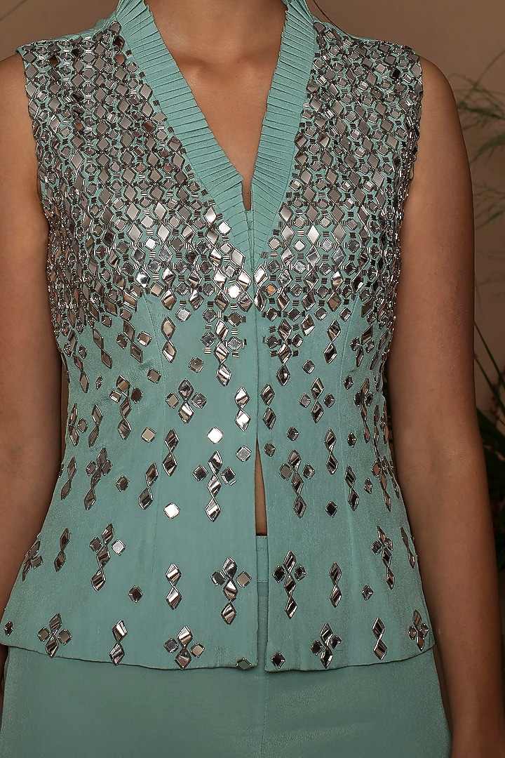 Teal Blue Embroidered Jacket With Pants by Samatvam By Anjali Bhaskar at Pernia's Pop Up Shop