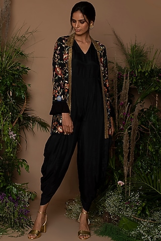 Black Jumpsuit With Embroidered Jacket by Samatvam By Anjali Bhaskar