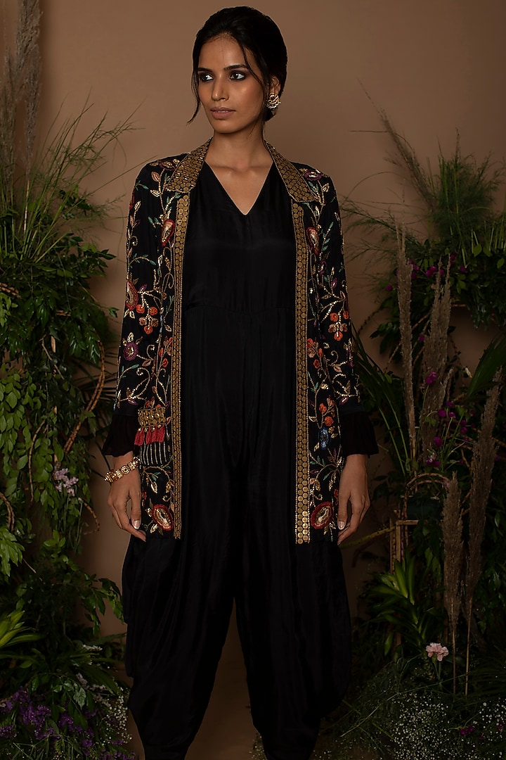 Black Jumpsuit With Embroidered Jacket by Samatvam By Anjali Bhaskar at Pernia's Pop Up Shop