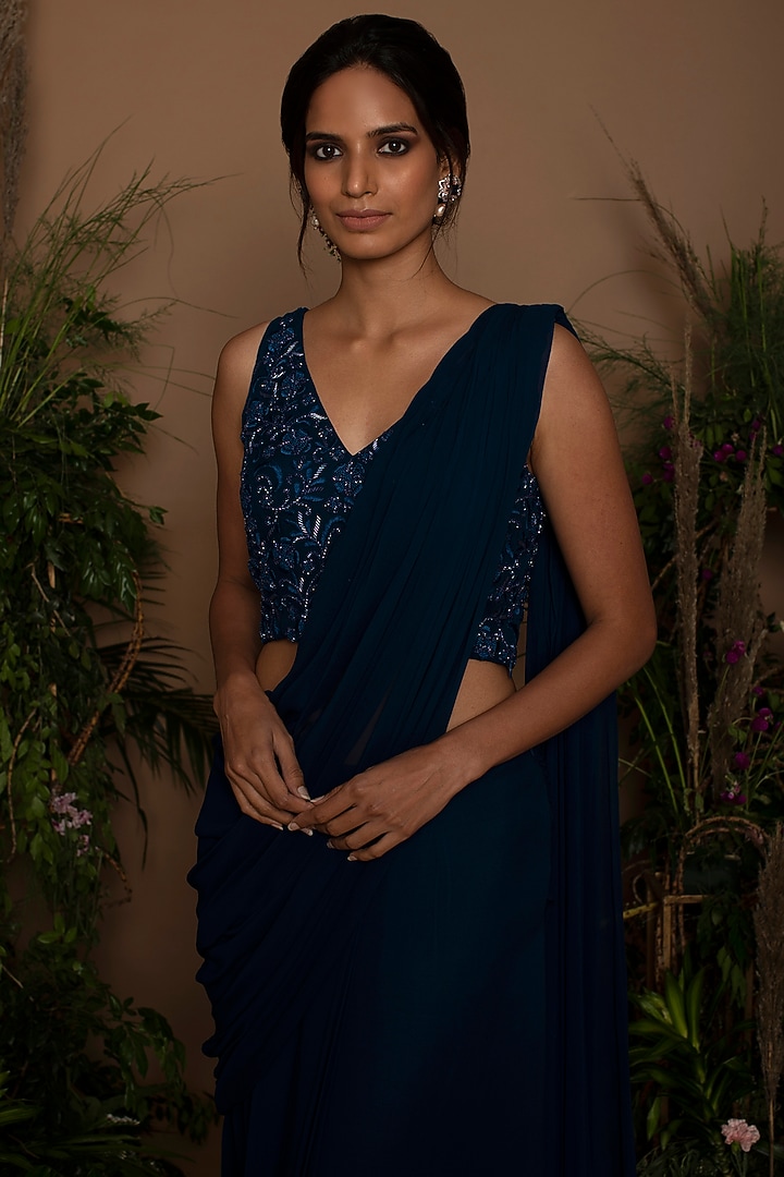 Midnight Blue Embroidered Pre-Draped Wedding Saree Set by Samatvam By Anjali Bhaskar at Pernia's Pop Up Shop