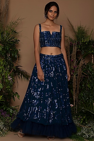 Midnight Blue Embroidered Lehenga & Blouse by Samatvam By Anjali Bhaskar