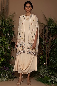 Cream Draped Dress With Embroidered Jacket Design by Samatvam By Anjali ...